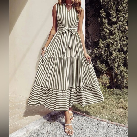 Dresses & Skirts - Boho Green White Striped Sleeveless Belted Maxi Dress